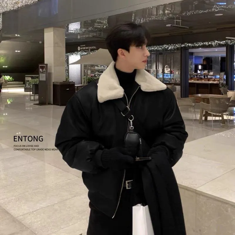 Advbridge bomber jacket PU Leather Fur Collar Cotton-Padded Coat for Men Autumn and Winter Thickened Korean Style Trendy Lamb Fur Ruffle Handsome High-Grade Cotton-Padded Coat Leather Coat