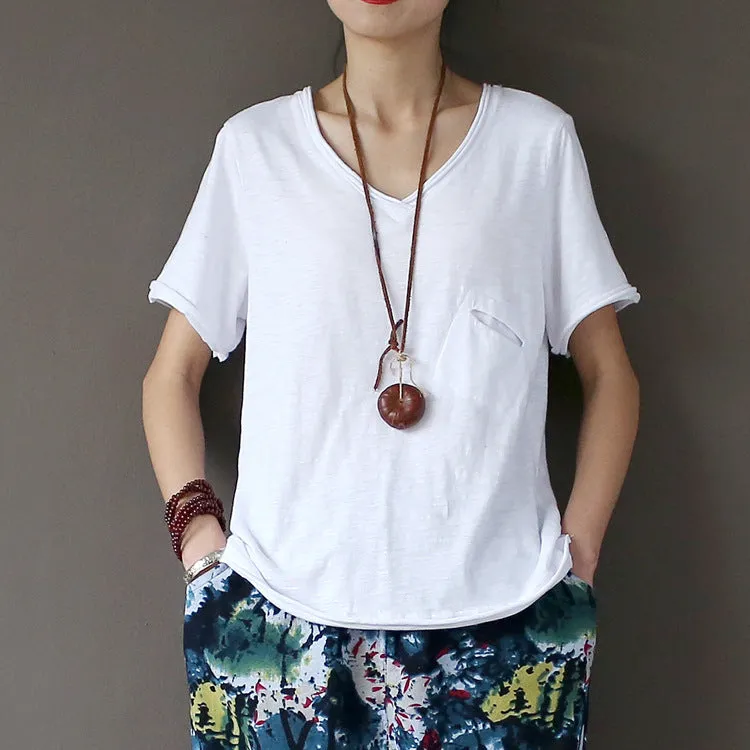 Artistic Tianzhu Cotton Short Sleeve Worn Looking Washed-out V-neck T-shirt