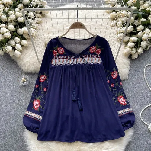 ARWEN AJH  Ethnic Style Top Women's New 2024 spring Vintage Heavy Embroidered floral Puff Sleeve Loose All-match pullover shirt blouse