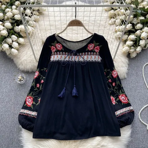 ARWEN AJH  Ethnic Style Top Women's New 2024 spring Vintage Heavy Embroidered floral Puff Sleeve Loose All-match pullover shirt blouse