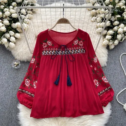 ARWEN AJH  Ethnic Style Top Women's New 2024 spring Vintage Heavy Embroidered floral Puff Sleeve Loose All-match pullover shirt blouse