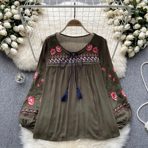 ARWEN AJH  Ethnic Style Top Women's New 2024 spring Vintage Heavy Embroidered floral Puff Sleeve Loose All-match pullover shirt blouse