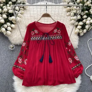 ARWEN AJH  Ethnic Style Top Women's New 2024 spring Vintage Heavy Embroidered floral Puff Sleeve Loose All-match pullover shirt blouse