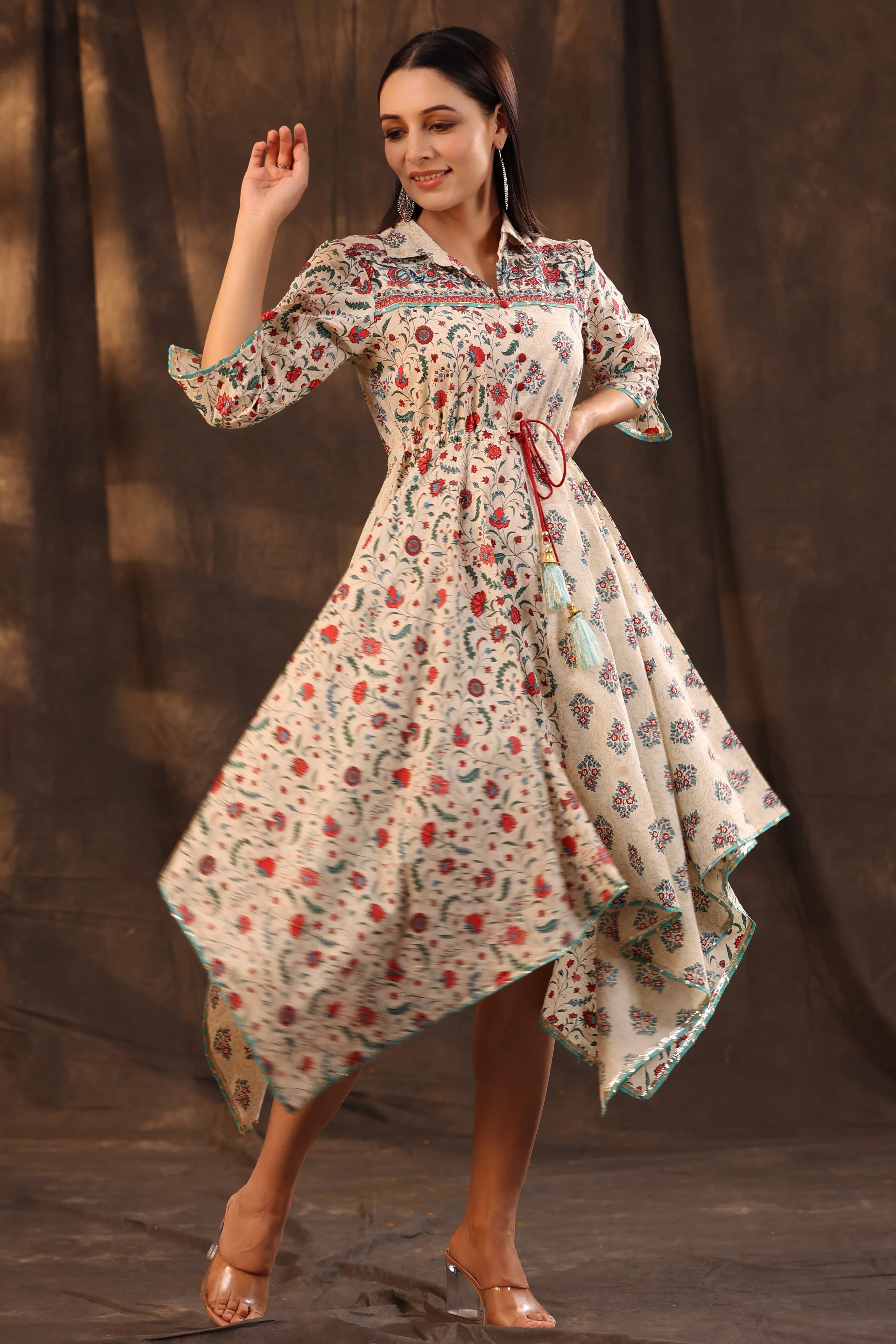 Beige Cotton Cambric Printed Kurta & Palazzo Set