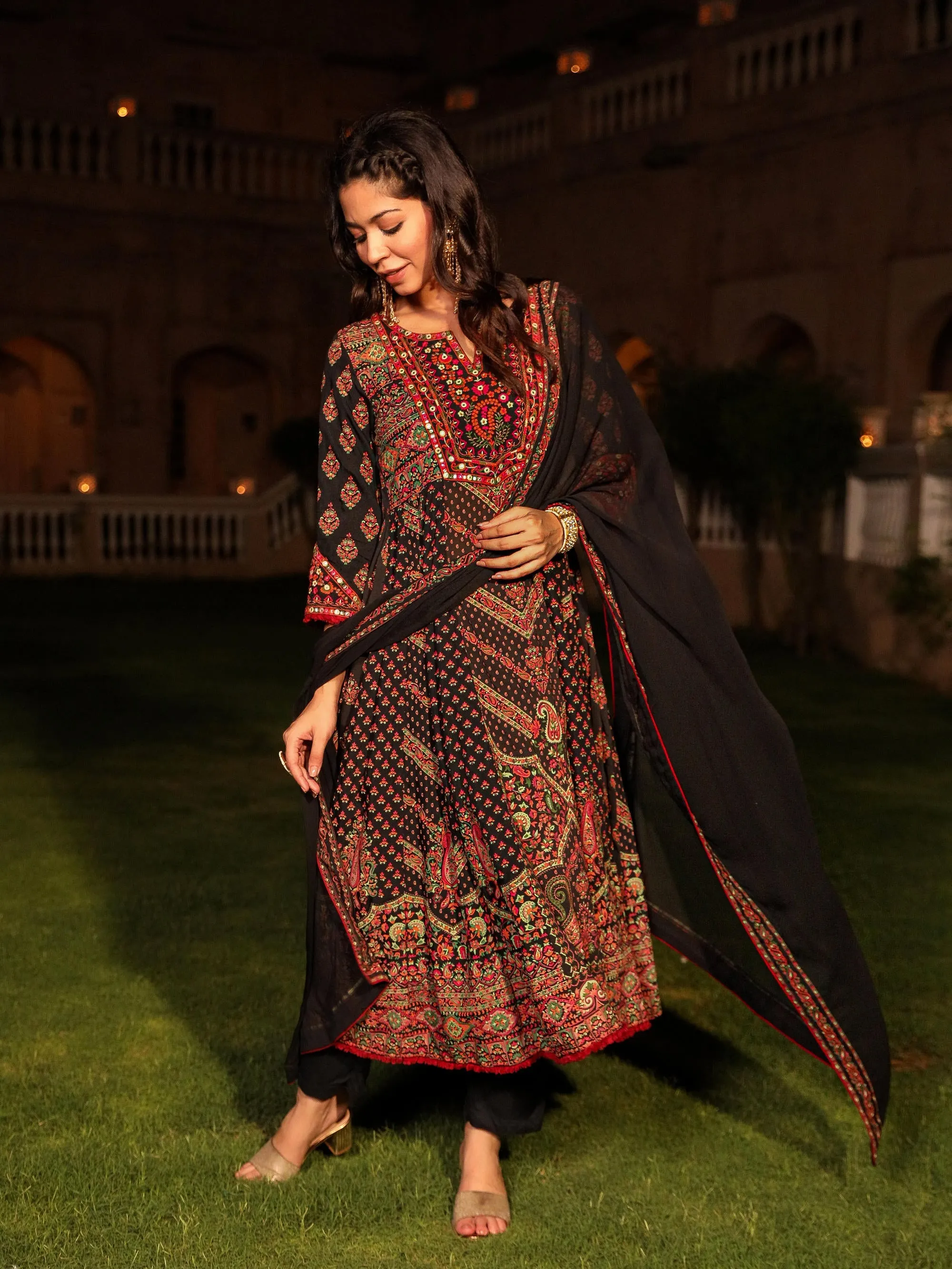 Black Ethnic Motif Printed Rayon Kurta Palazzo And Dupatta With thread & Mirror Work