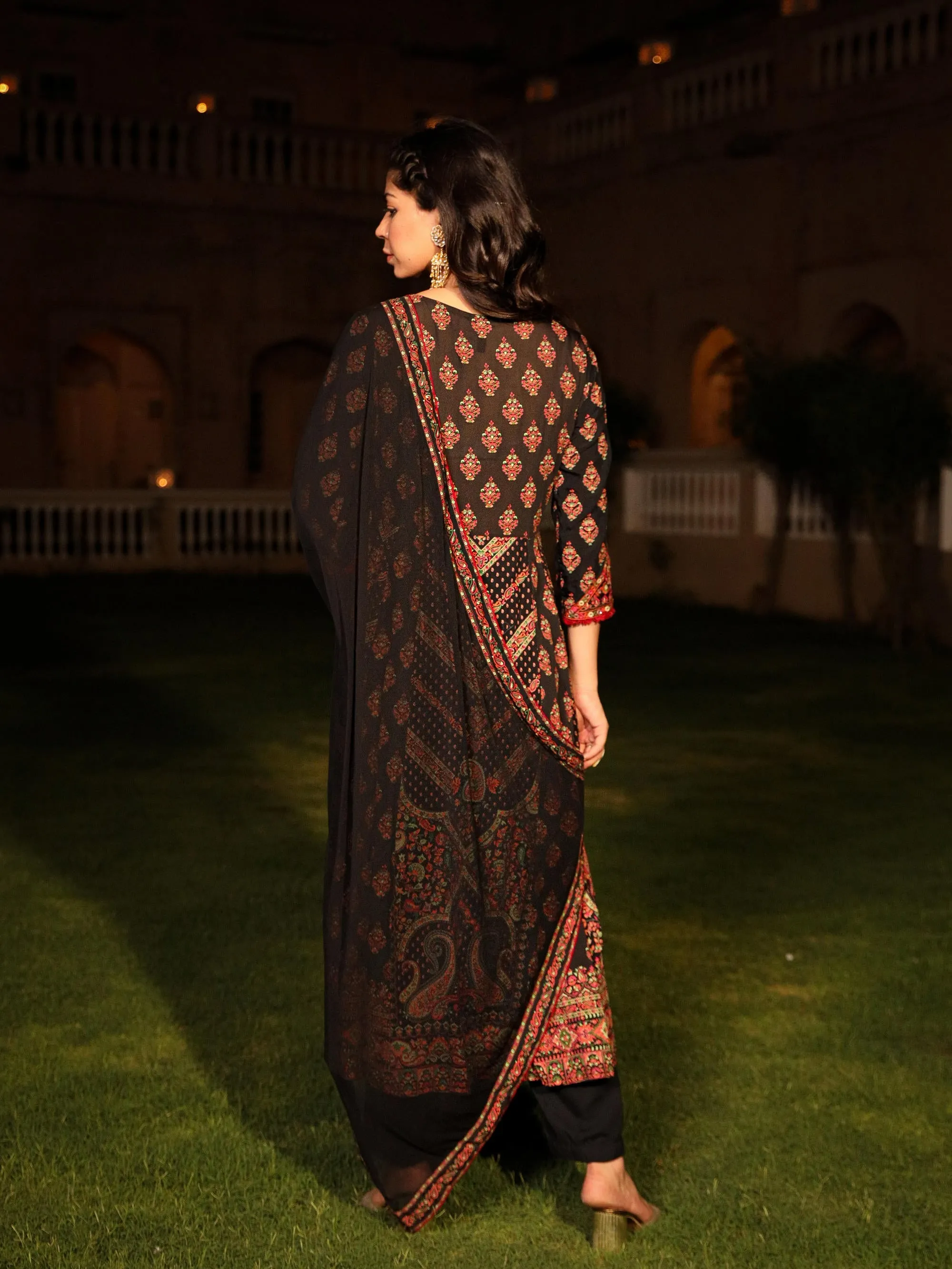 Black Ethnic Motif Printed Rayon Kurta Palazzo And Dupatta With thread & Mirror Work