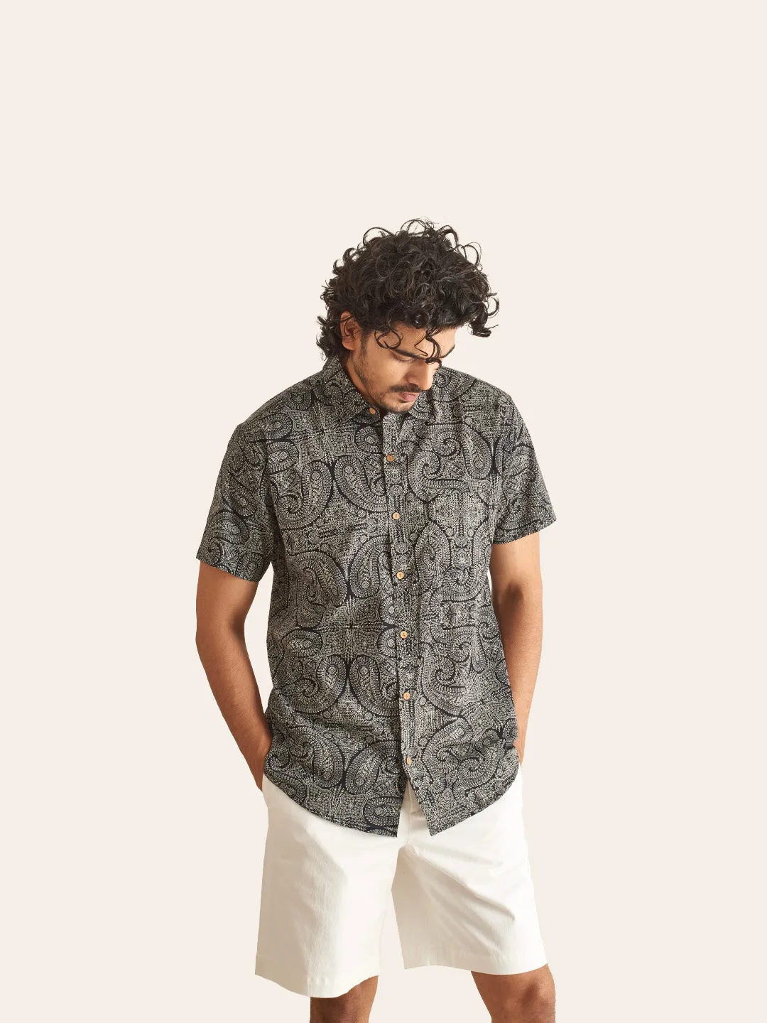 Black Ethnic Paiseley Printed Cotton Shirt