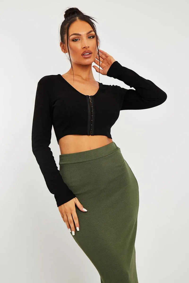 Black Ribbed Hook Fastening Crop Top - Piper