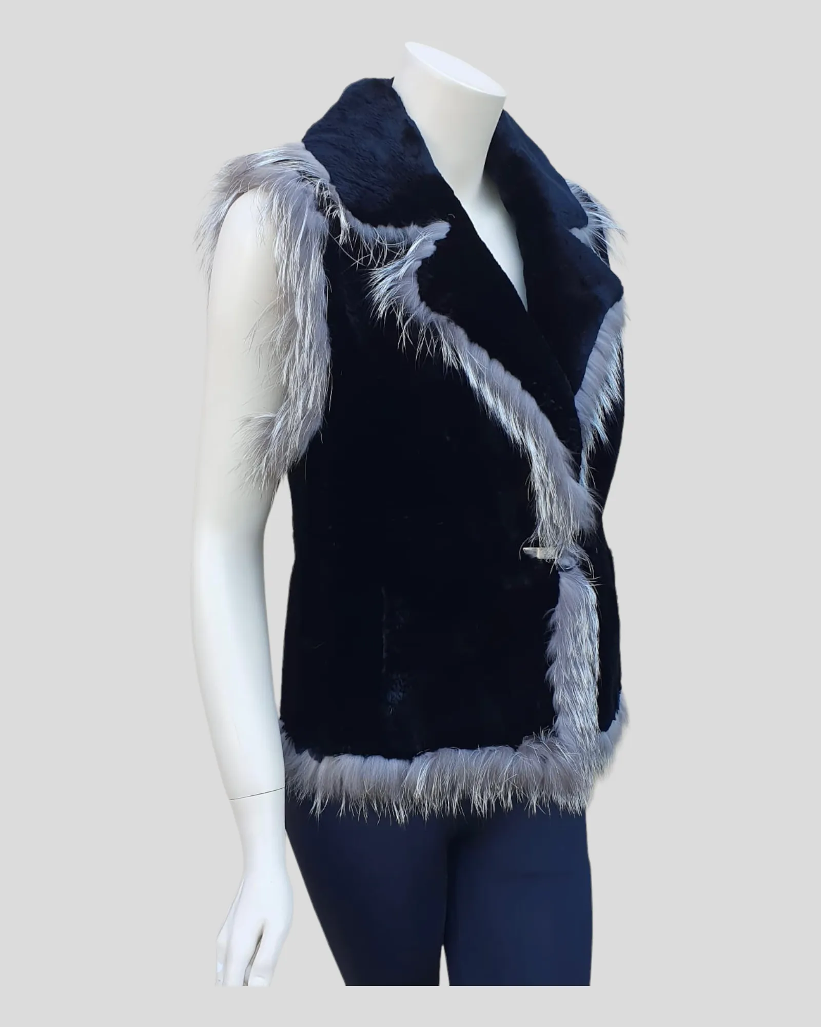 Black Sheared Beaver Fur Vest w/ Fox Fur Trim -M/S