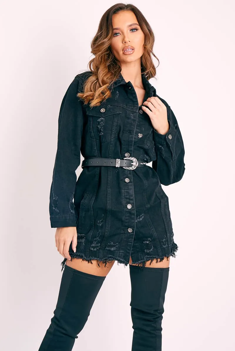 Black Washed Distressed Denim Shirt Dress - Chloey