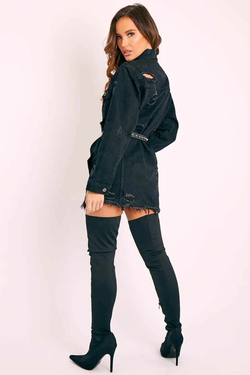 Black Washed Distressed Denim Shirt Dress - Chloey