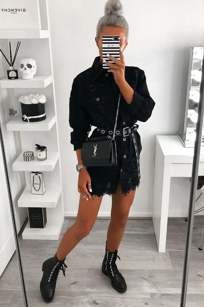 Black Washed Distressed Denim Shirt Dress - Chloey