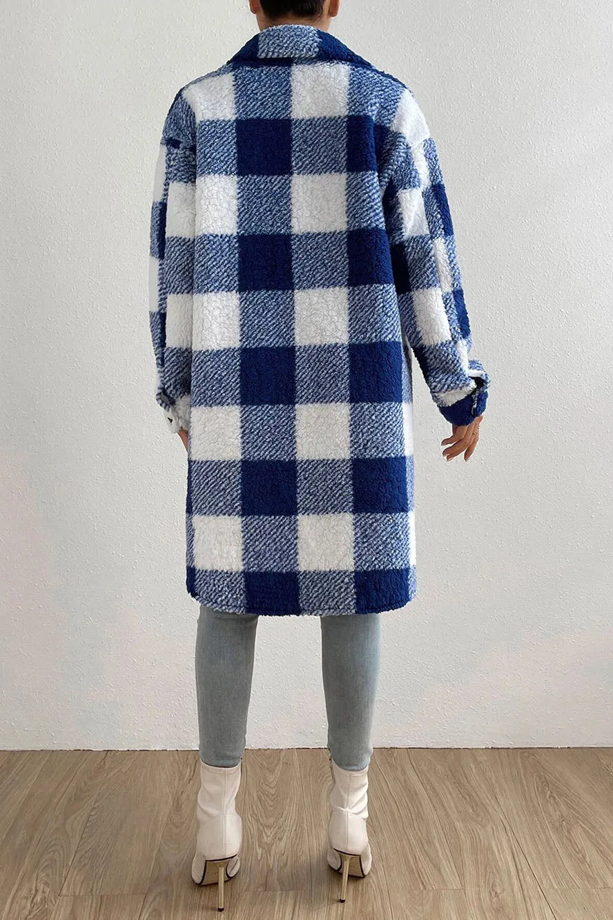 Button Front Long Sleeve Plaid Pattern Teddy Coat