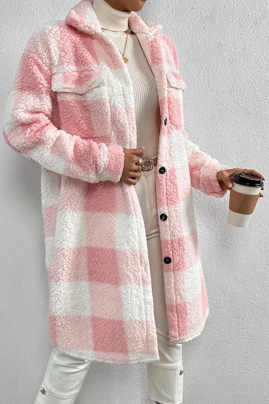 Button Front Long Sleeve Plaid Pattern Teddy Coat