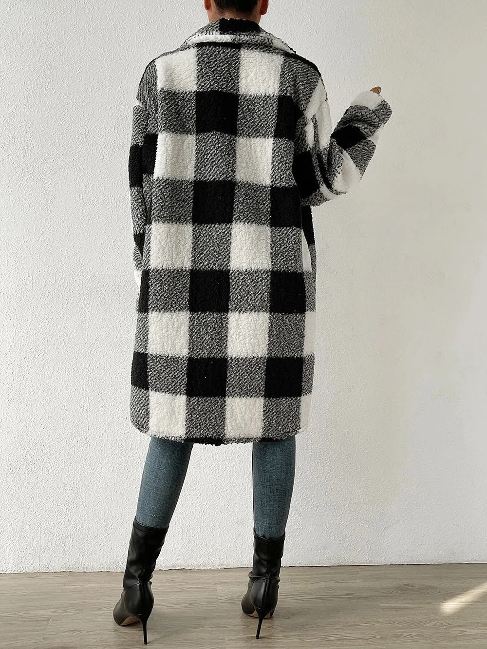 Button Front Long Sleeve Plaid Pattern Teddy Coat