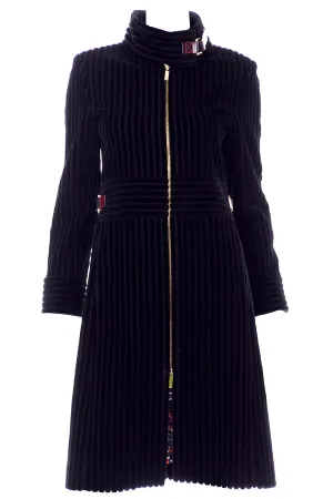 Carolina Herrera Black Ribbed Velvet Zip Front Coat w Buckles