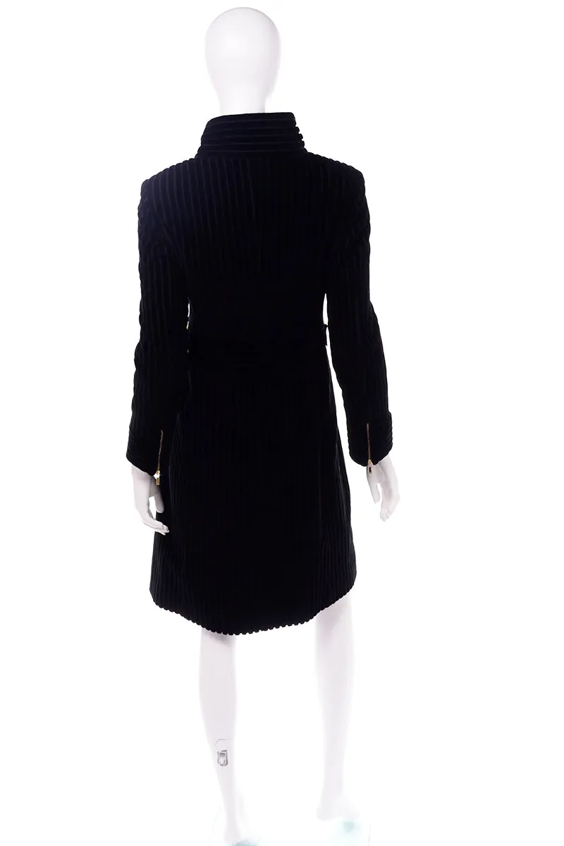 Carolina Herrera Black Ribbed Velvet Zip Front Coat w Buckles