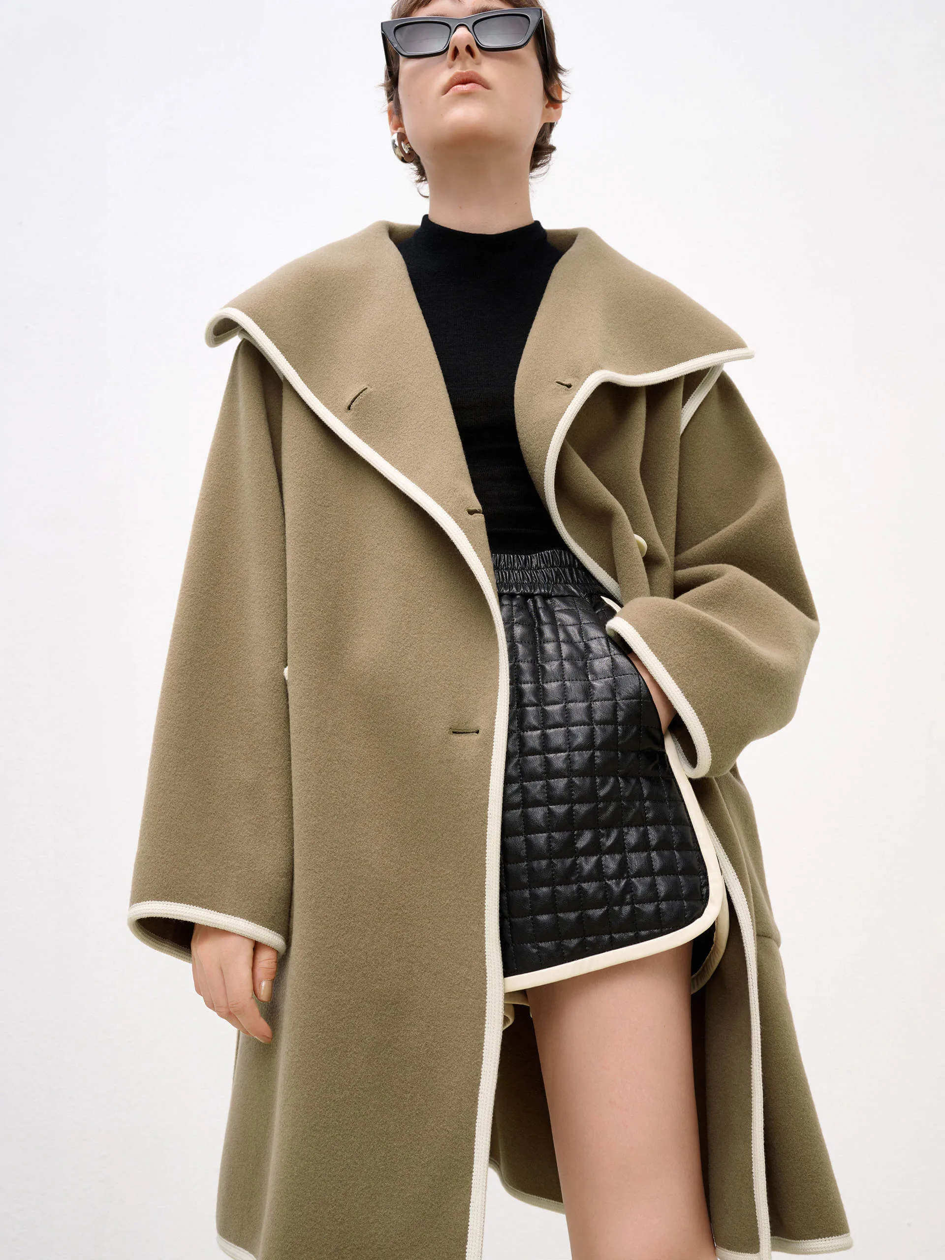 Contrast Lapel Collar Wool Coat