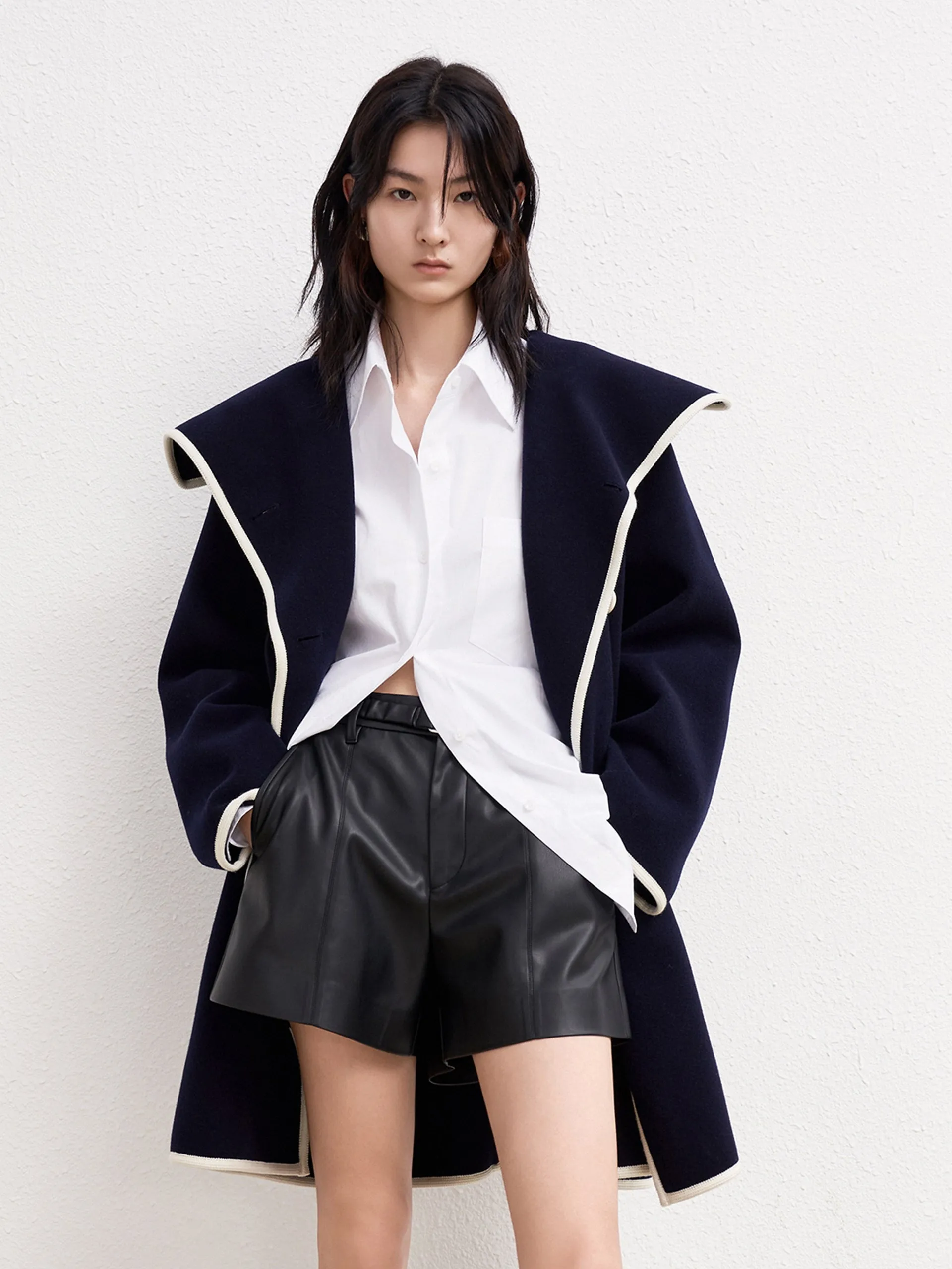 Contrast Lapel Collar Wool Coat