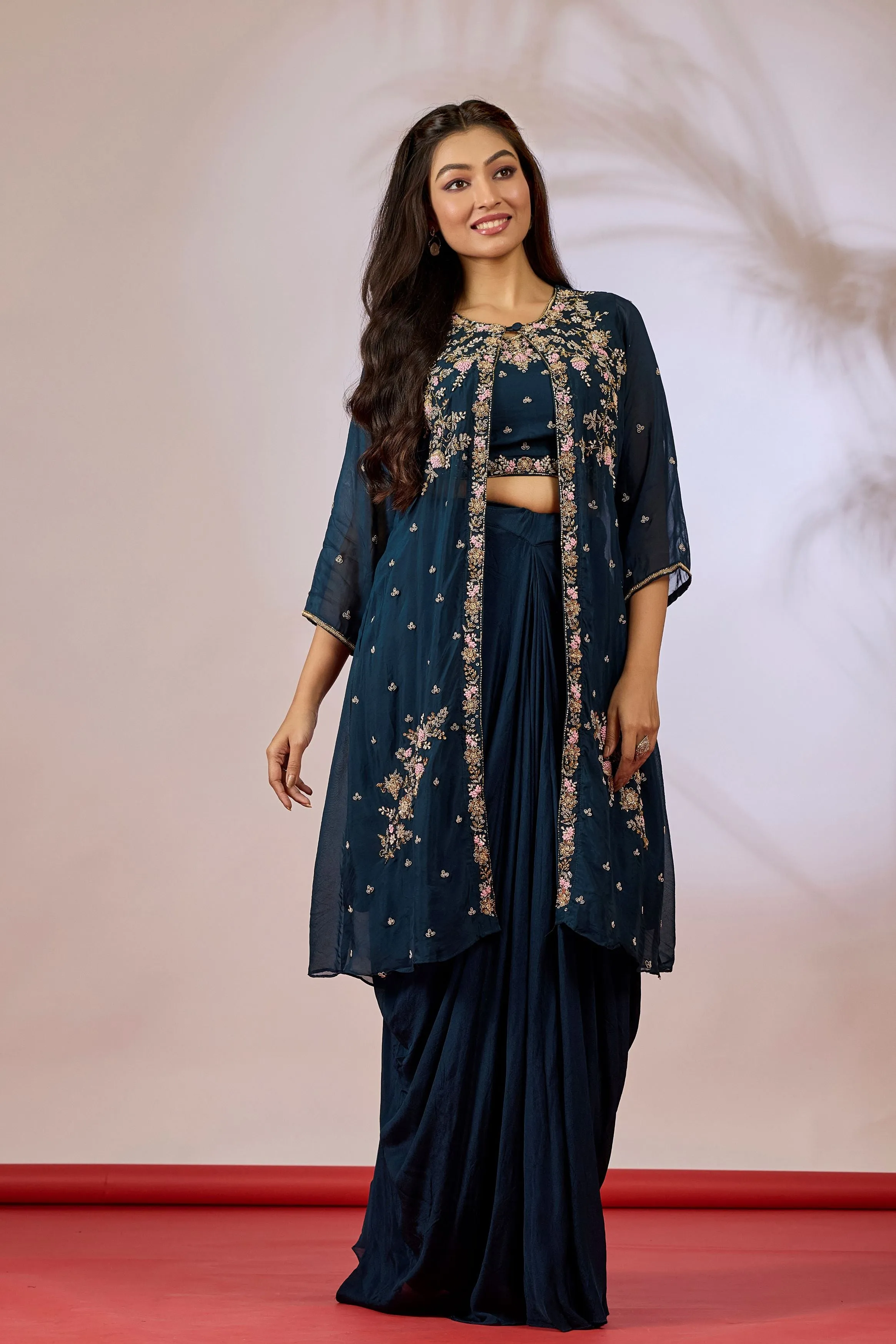 Deep Teal Embellished Chinon Silk Cape Set