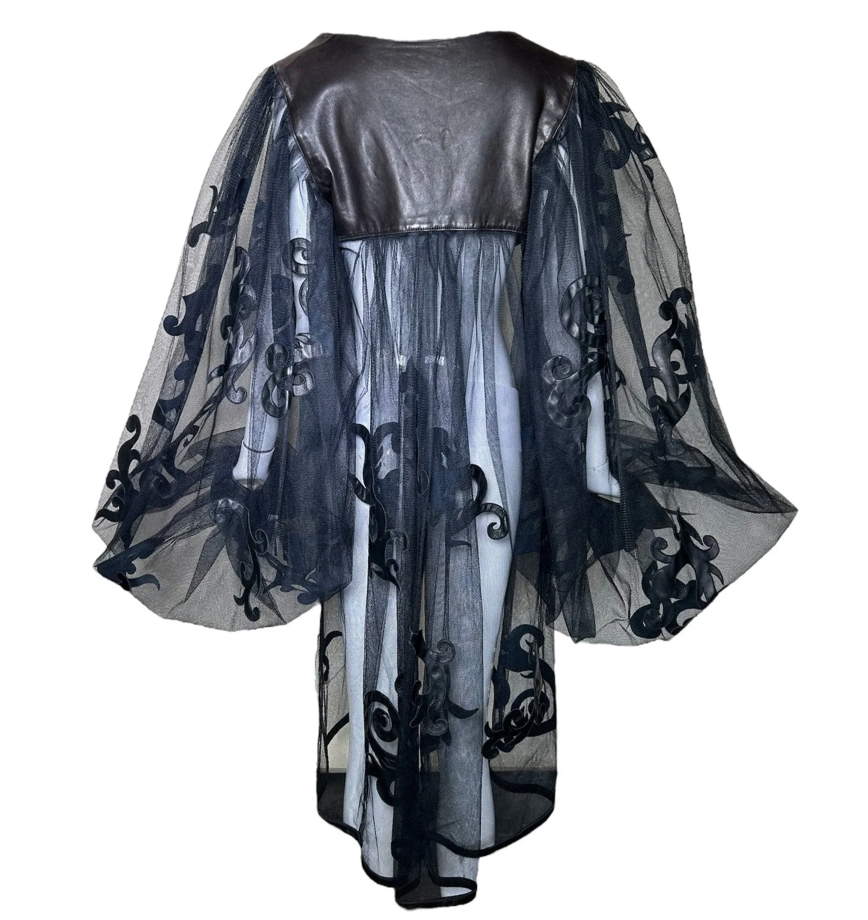 Dramatic Leather Filigree and Tulle Balloon Sleeve Jacket