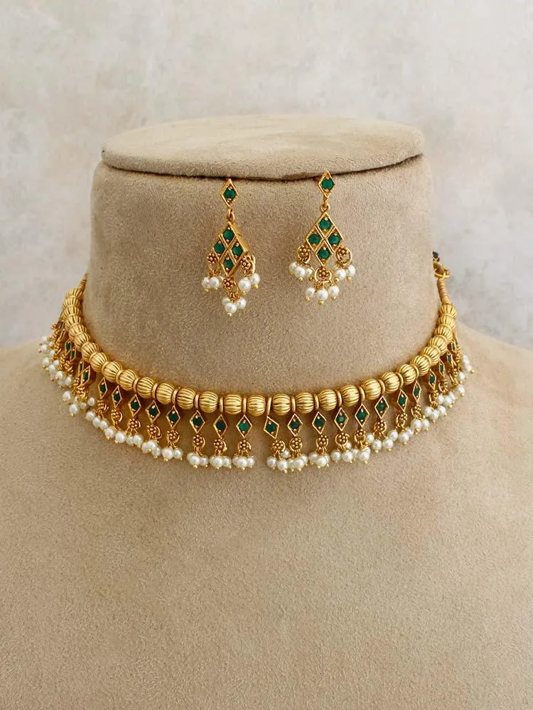 Emerald Ayanshi Gold Plated Necklace With Earrings