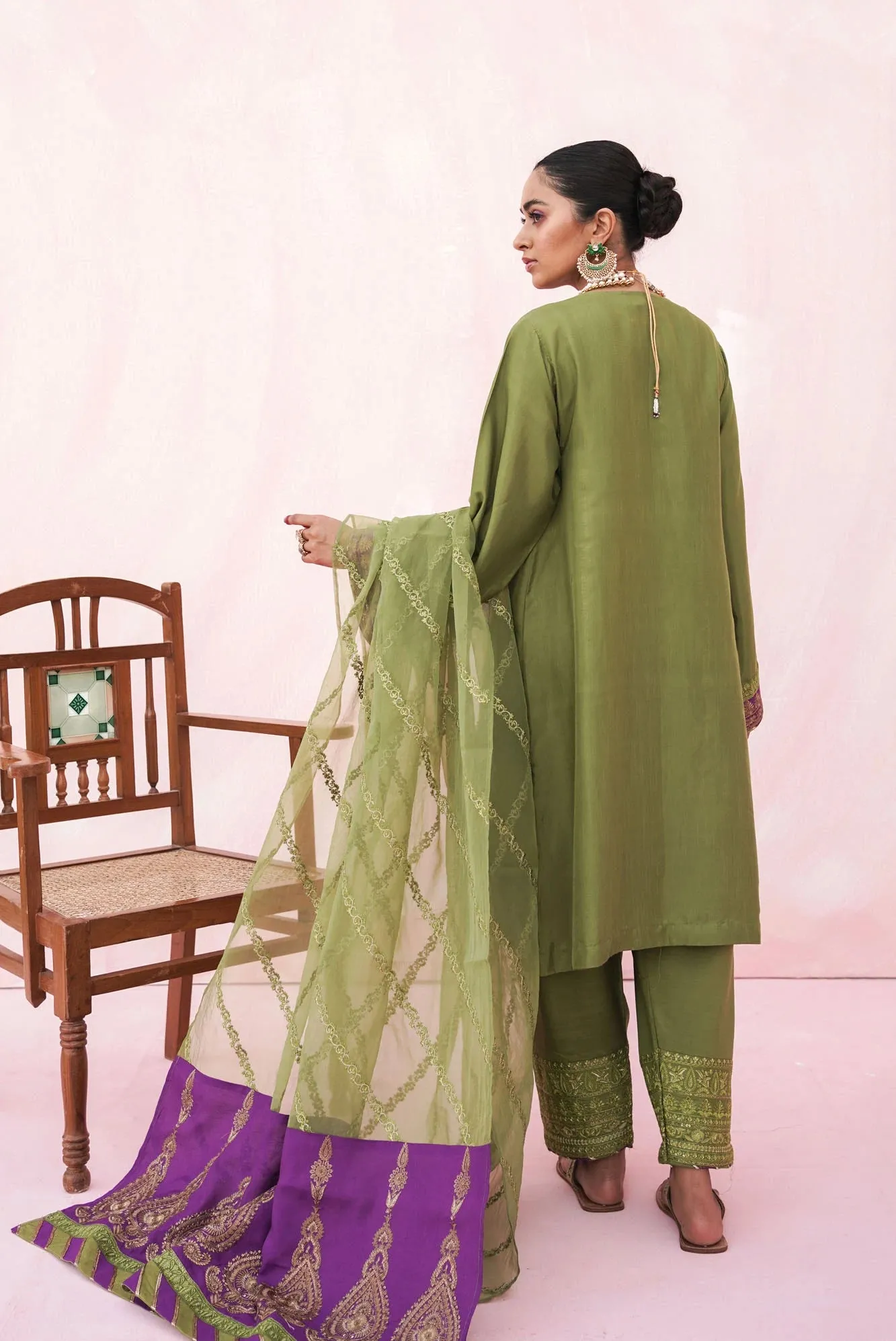 Ethnic Luxury Pret Green Viscose 3-Piece Suit