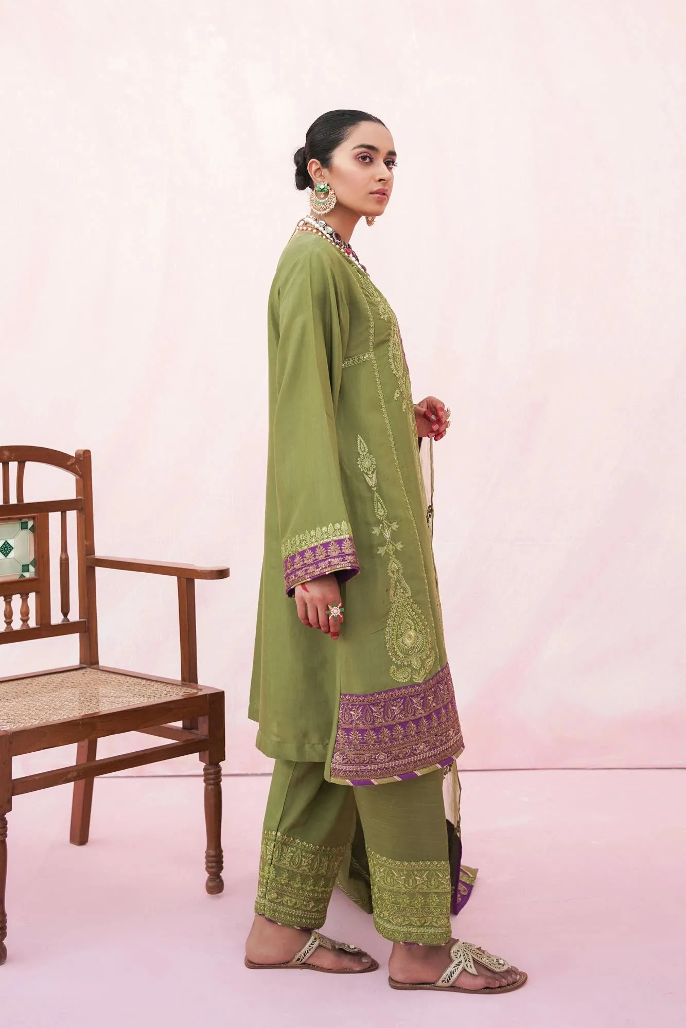 Ethnic Luxury Pret Green Viscose 3-Piece Suit