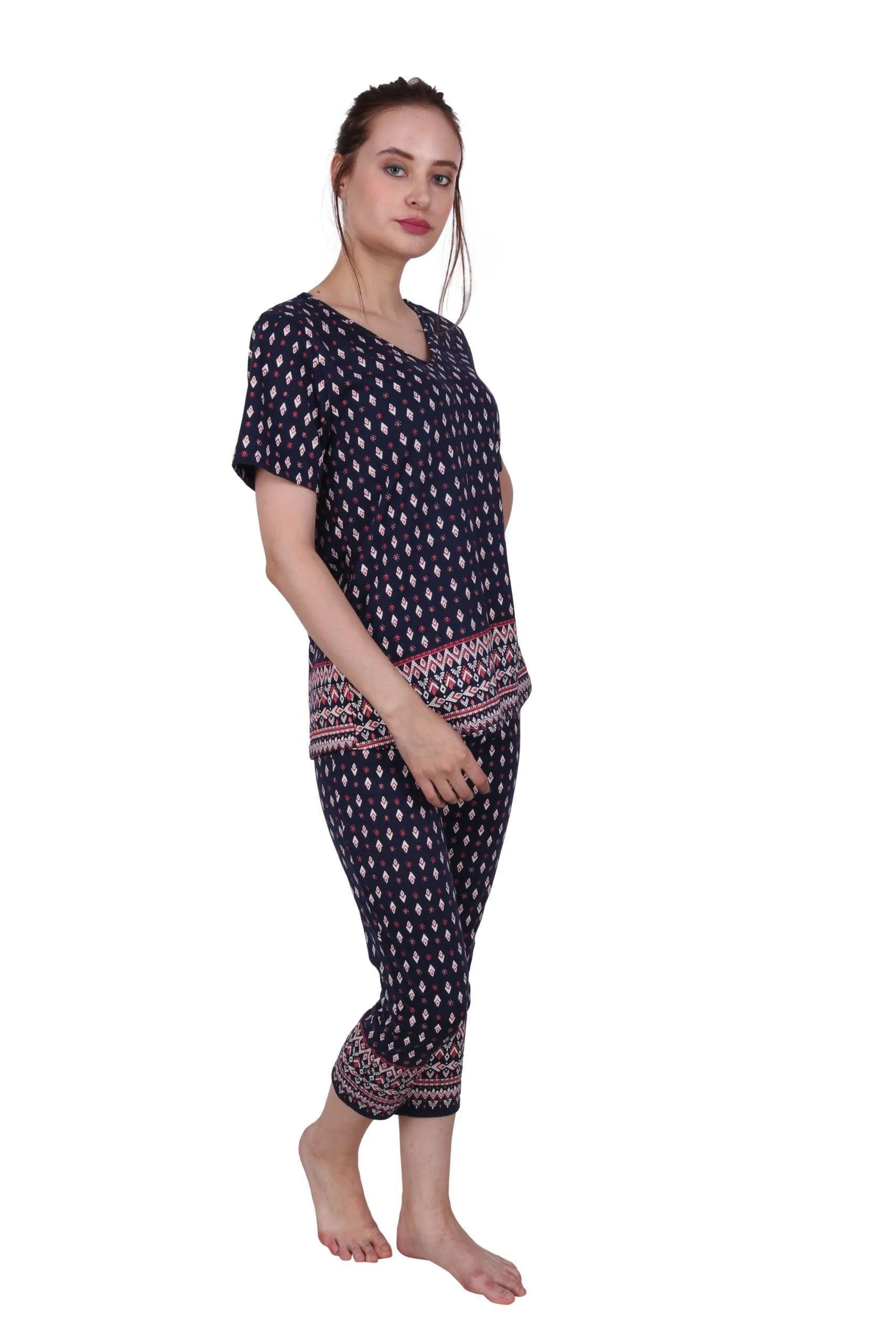 Ethnic Motif Border Printed Night Suit Set-Blue