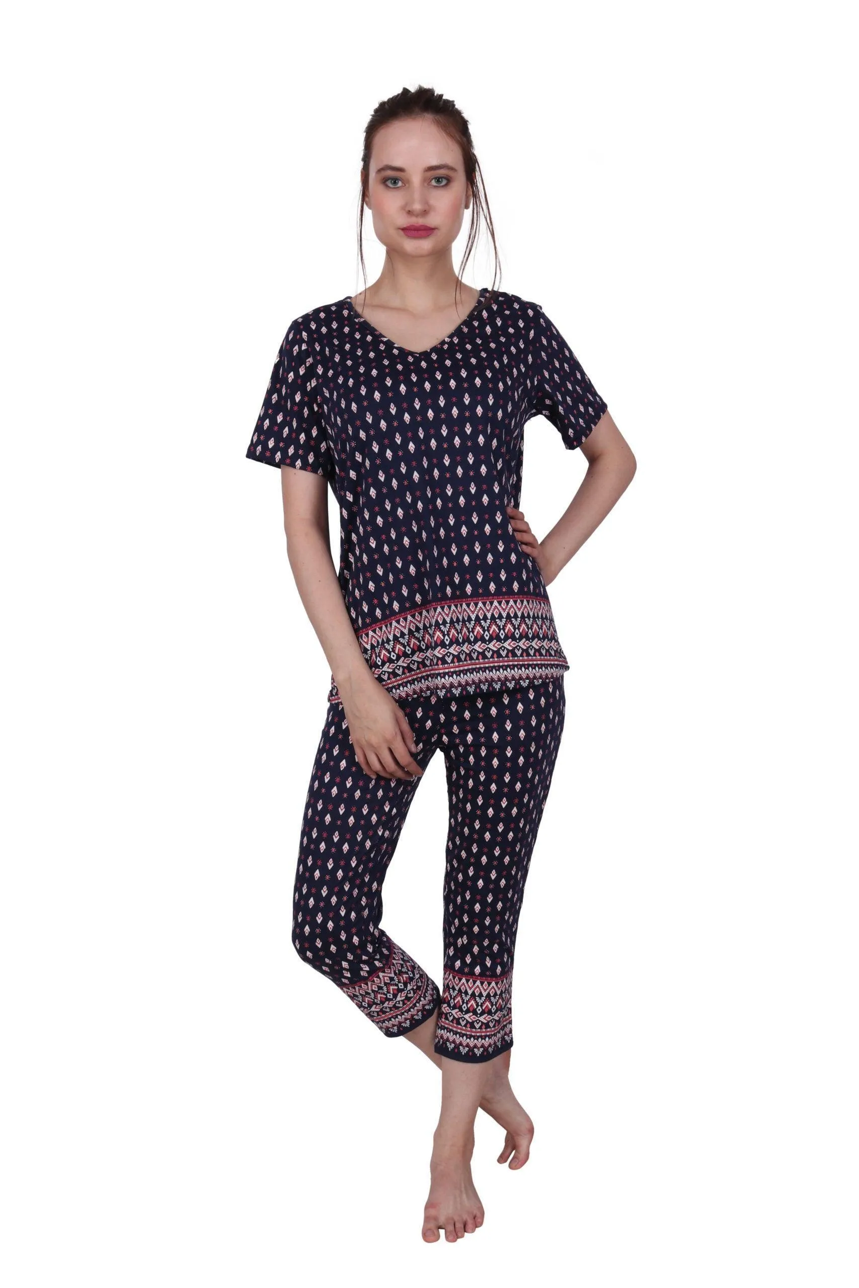 Ethnic Motif Border Printed Night Suit Set-Blue