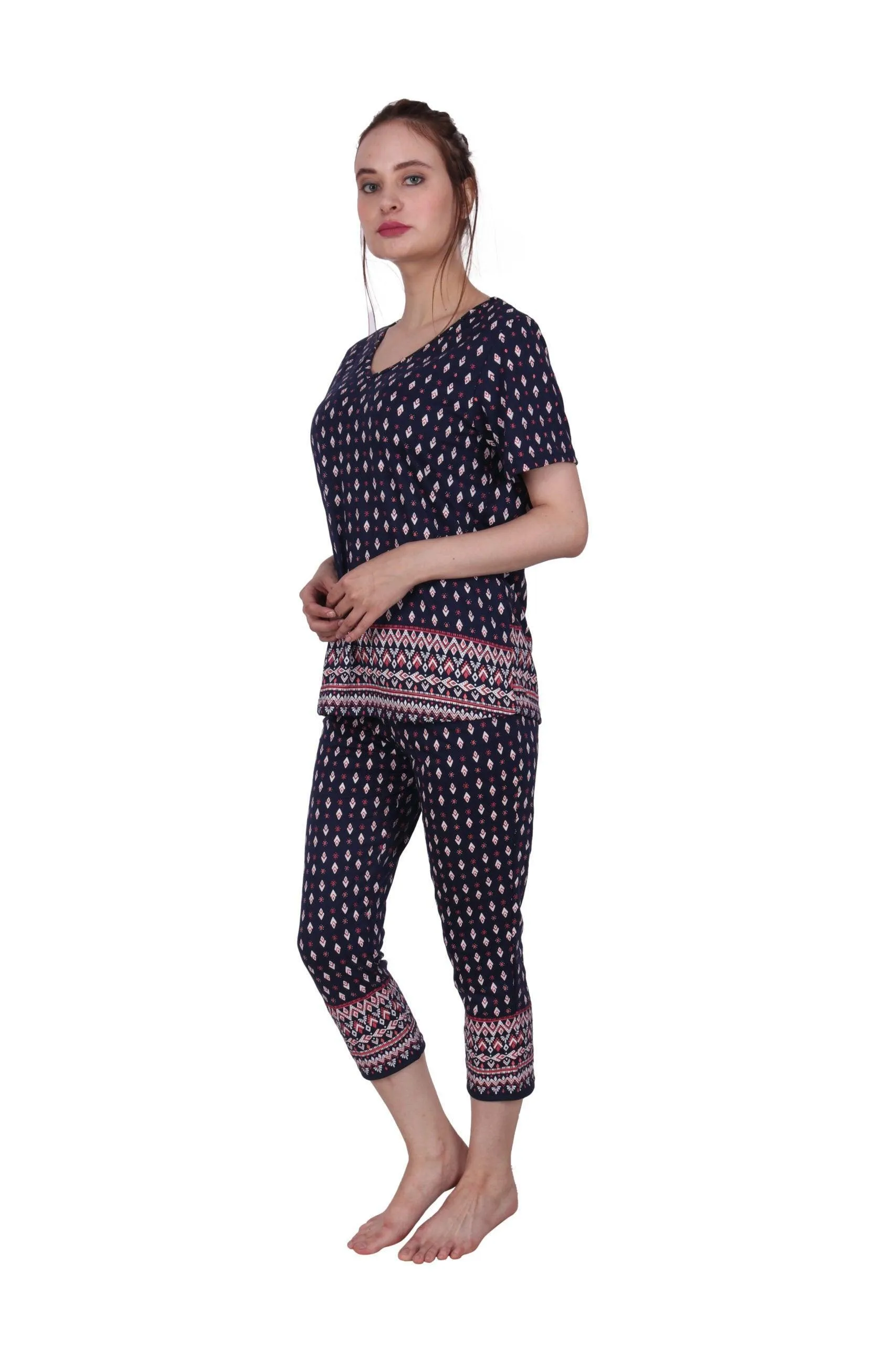 Ethnic Motif Border Printed Night Suit Set-Blue