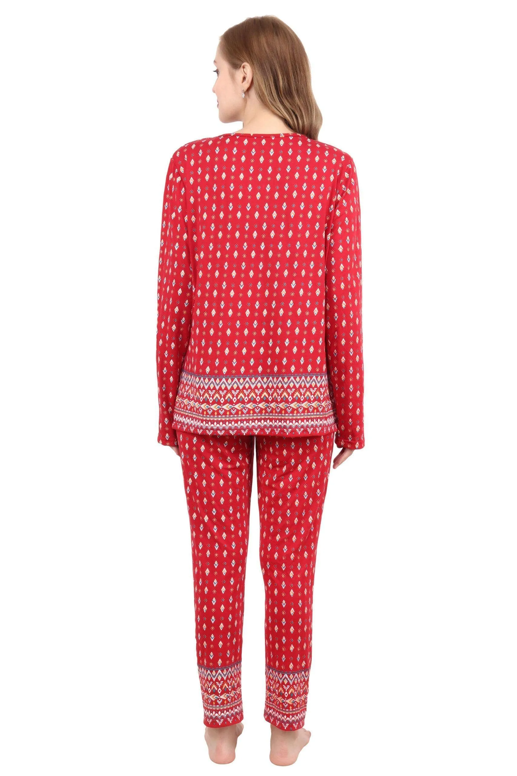 Ethnic Motif Border Printed Night Suit Set-Red