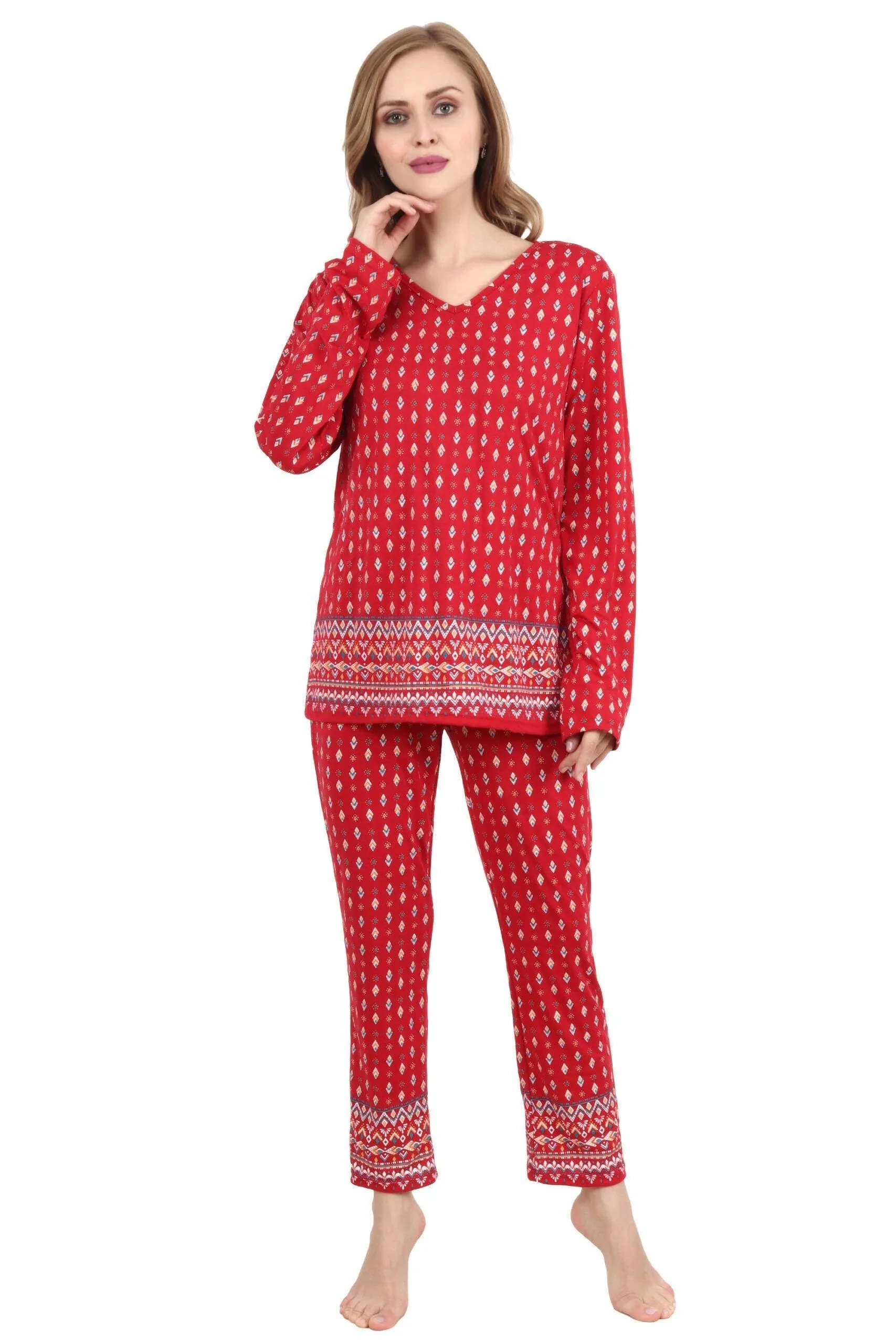 Ethnic Motif Border Printed Night Suit Set-Red