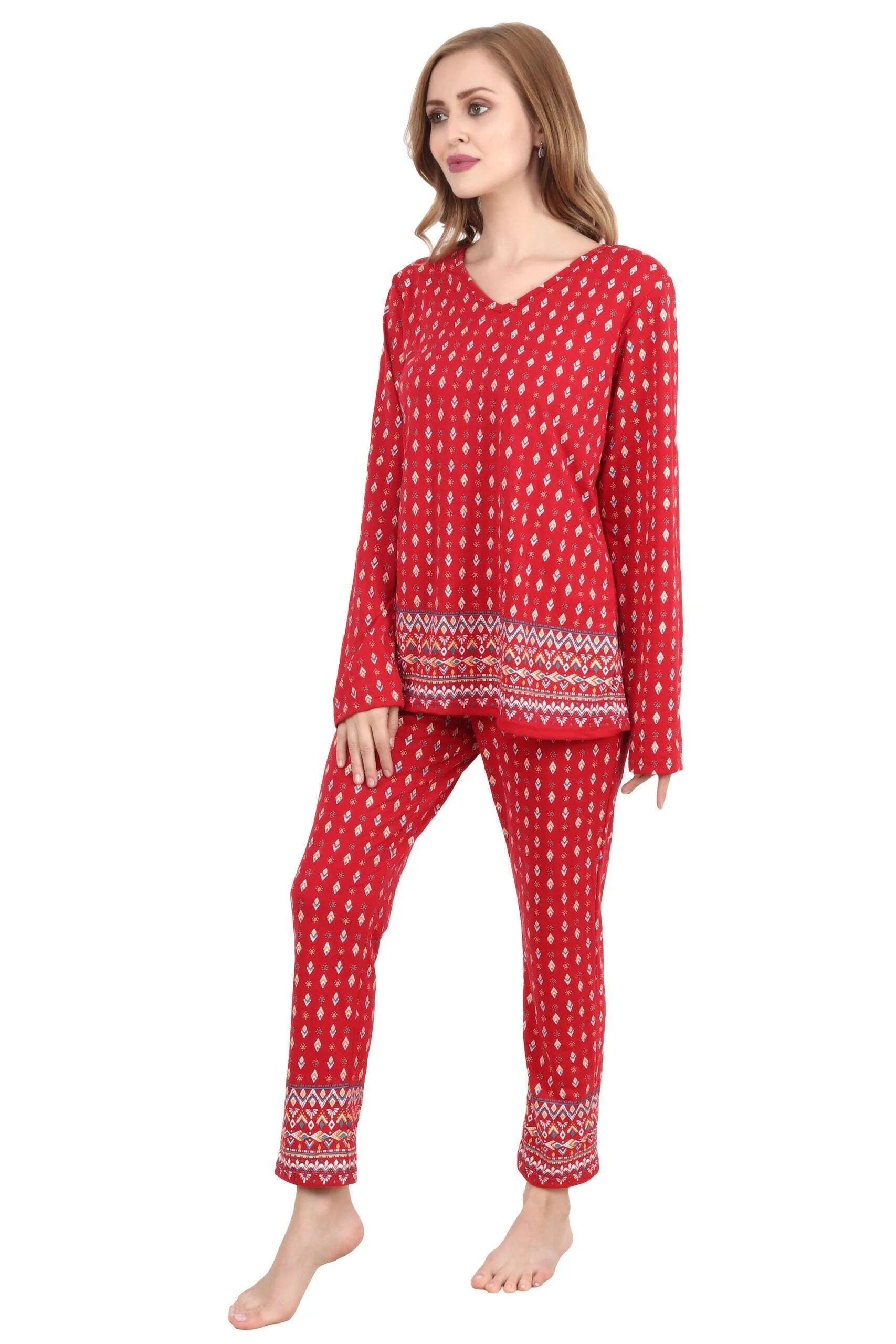 Ethnic Motif Border Printed Night Suit Set-Red