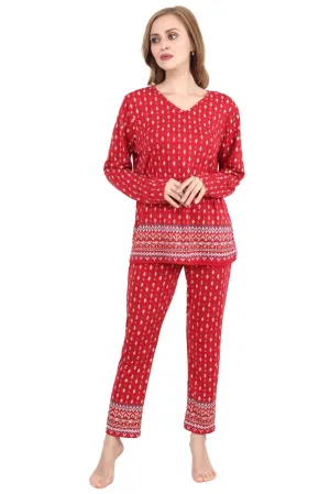 Ethnic Motif Border Printed Night Suit Set-Red