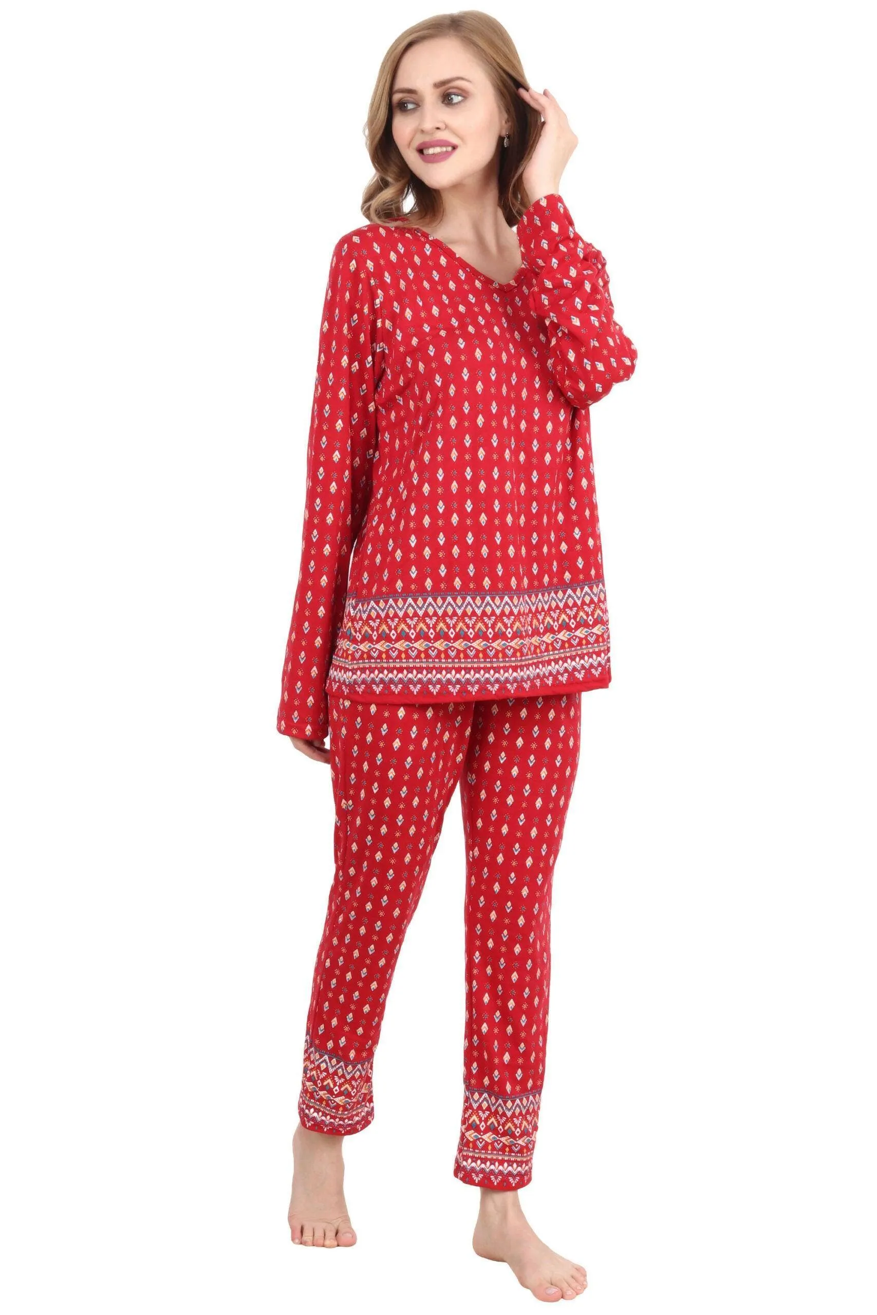 Ethnic Motif Border Printed Night Suit Set-Red