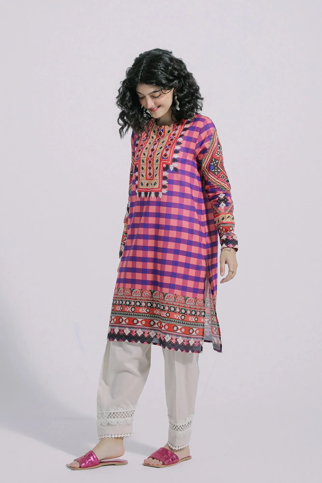 Ethnic Pink Checkered Printed Lawn Shirt