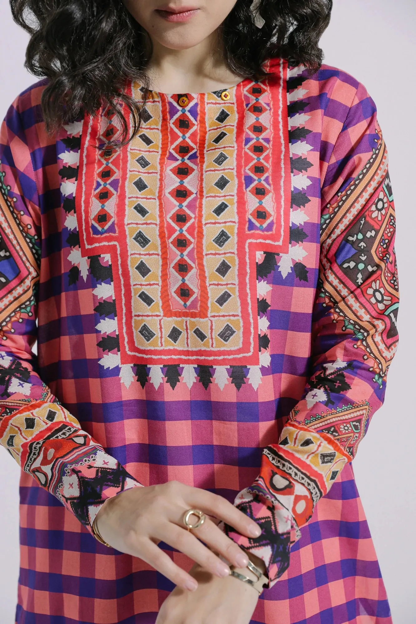 Ethnic Pink Checkered Printed Lawn Shirt