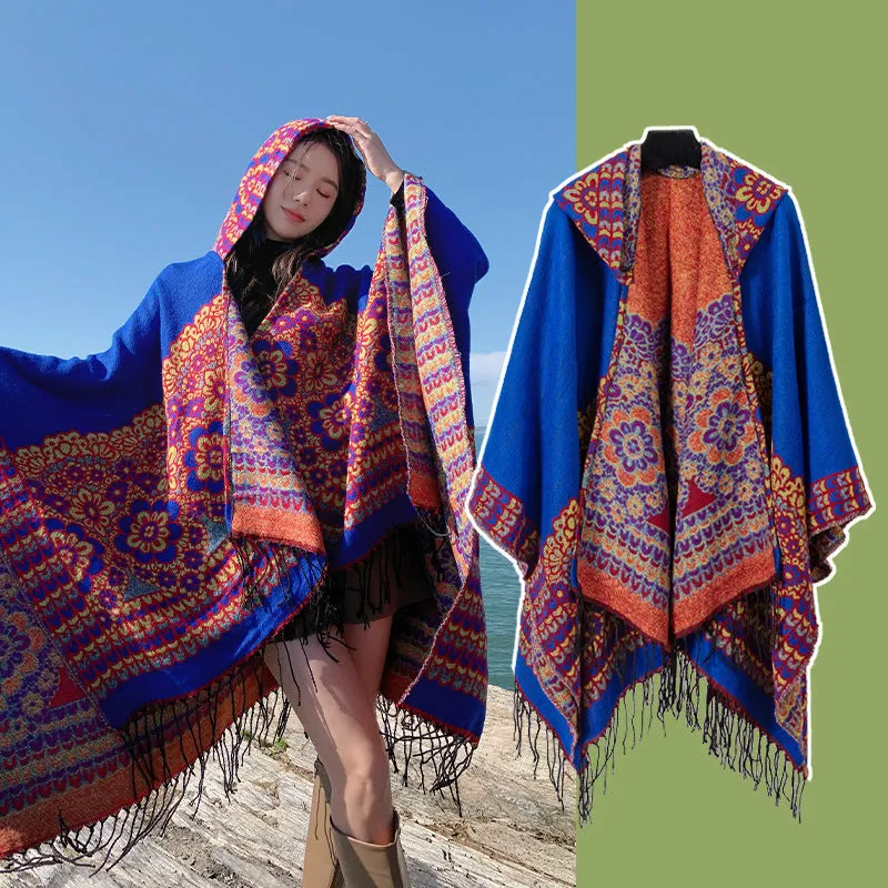 Ethnic Style New Split Shawl Women's Cloak Scarf Thickened Warm Travel Coat Cloak