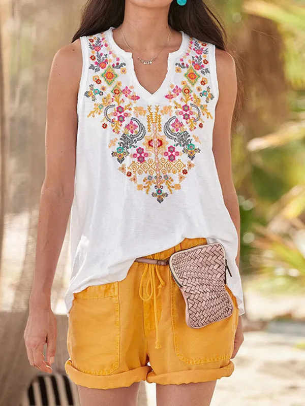 European and American women's ethnic style embroidery top T-shirt vest