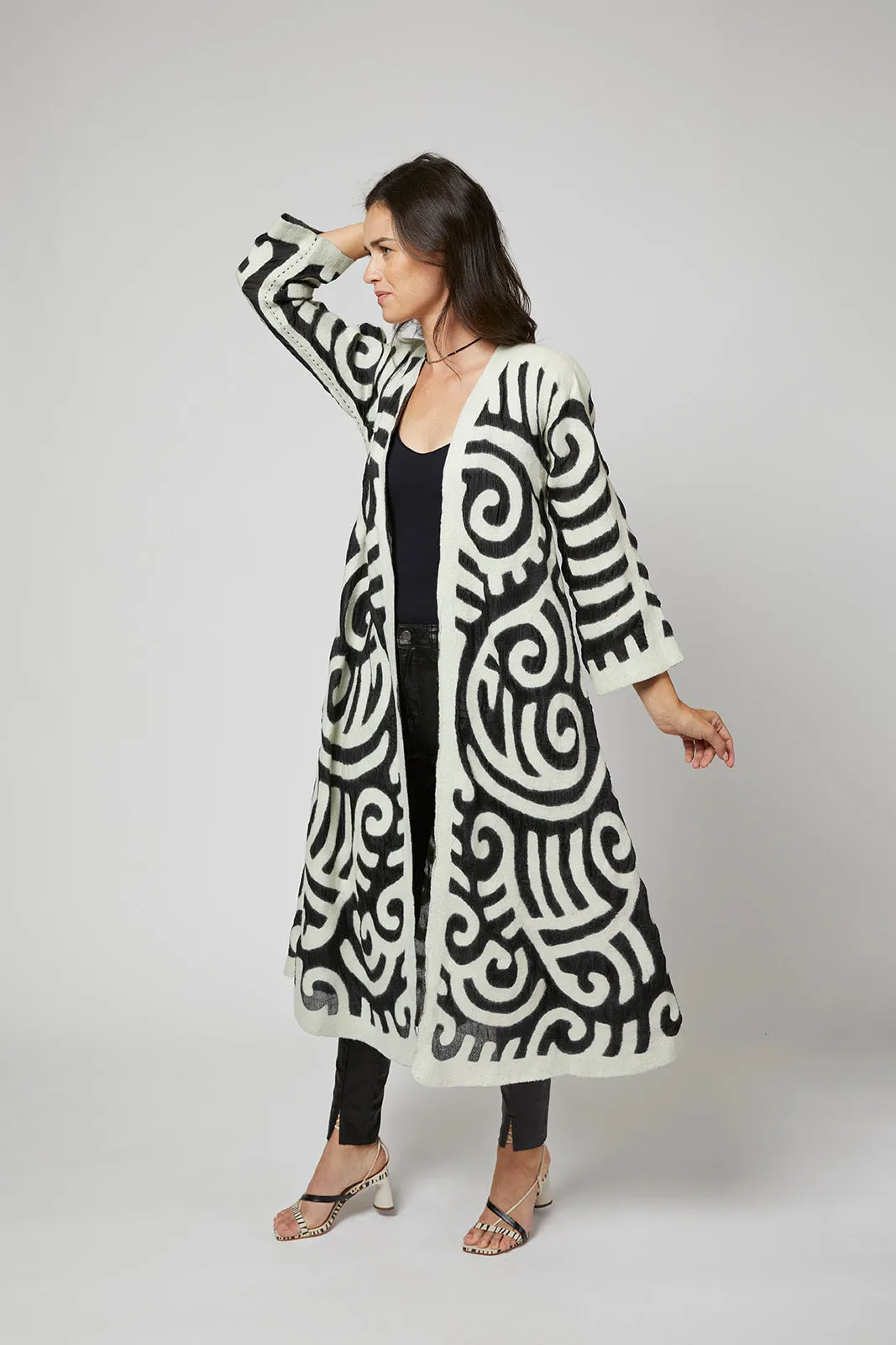 Felted Wool Coat from Kyrgyzstan - Long - Ivory and Black