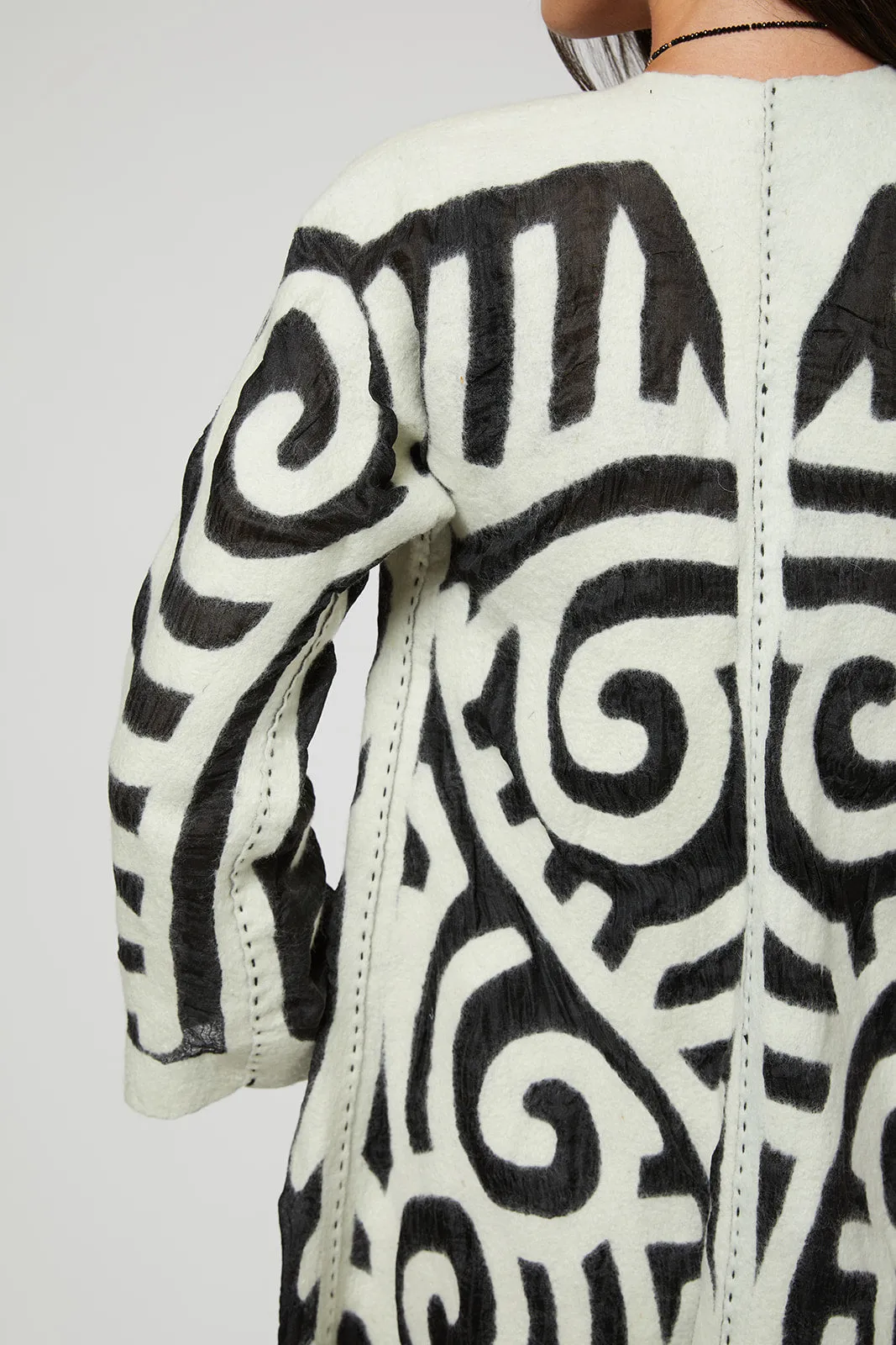 Felted Wool Coat from Kyrgyzstan - Long - Ivory and Black