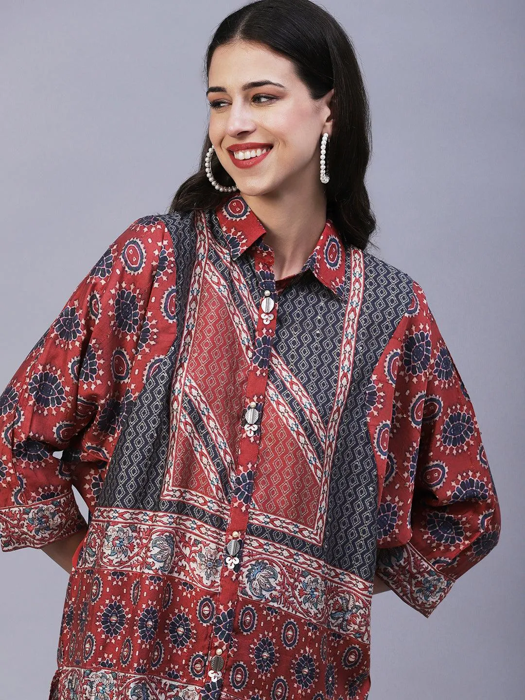 Floral Printed Mother-Of-Pearl Tikki & Brooch Ornamented Kimono Sleeves Top - Rust