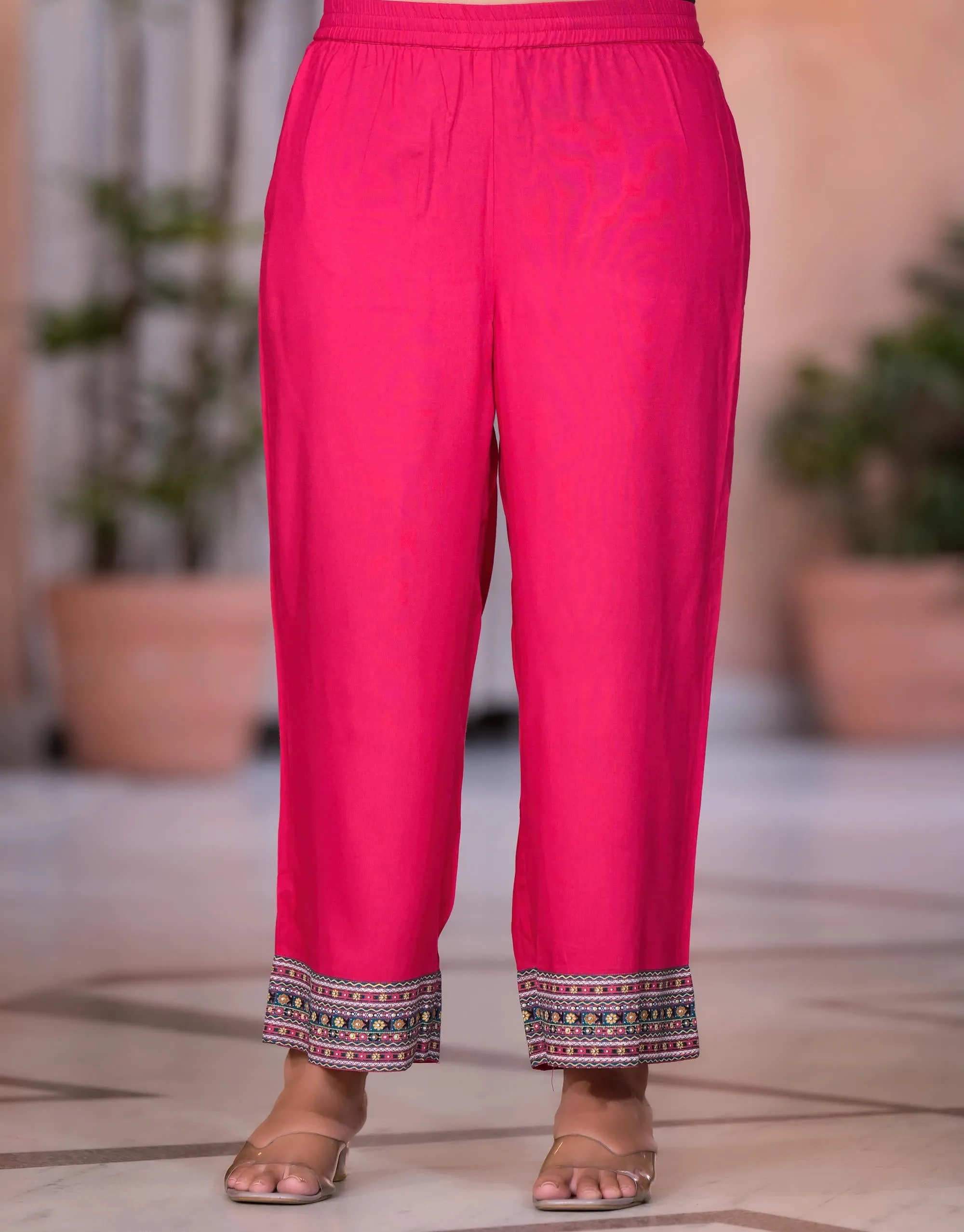 Fuchsia Ethnic Motif Printed Rayon Kurta Set With Thread &  Mirror Work