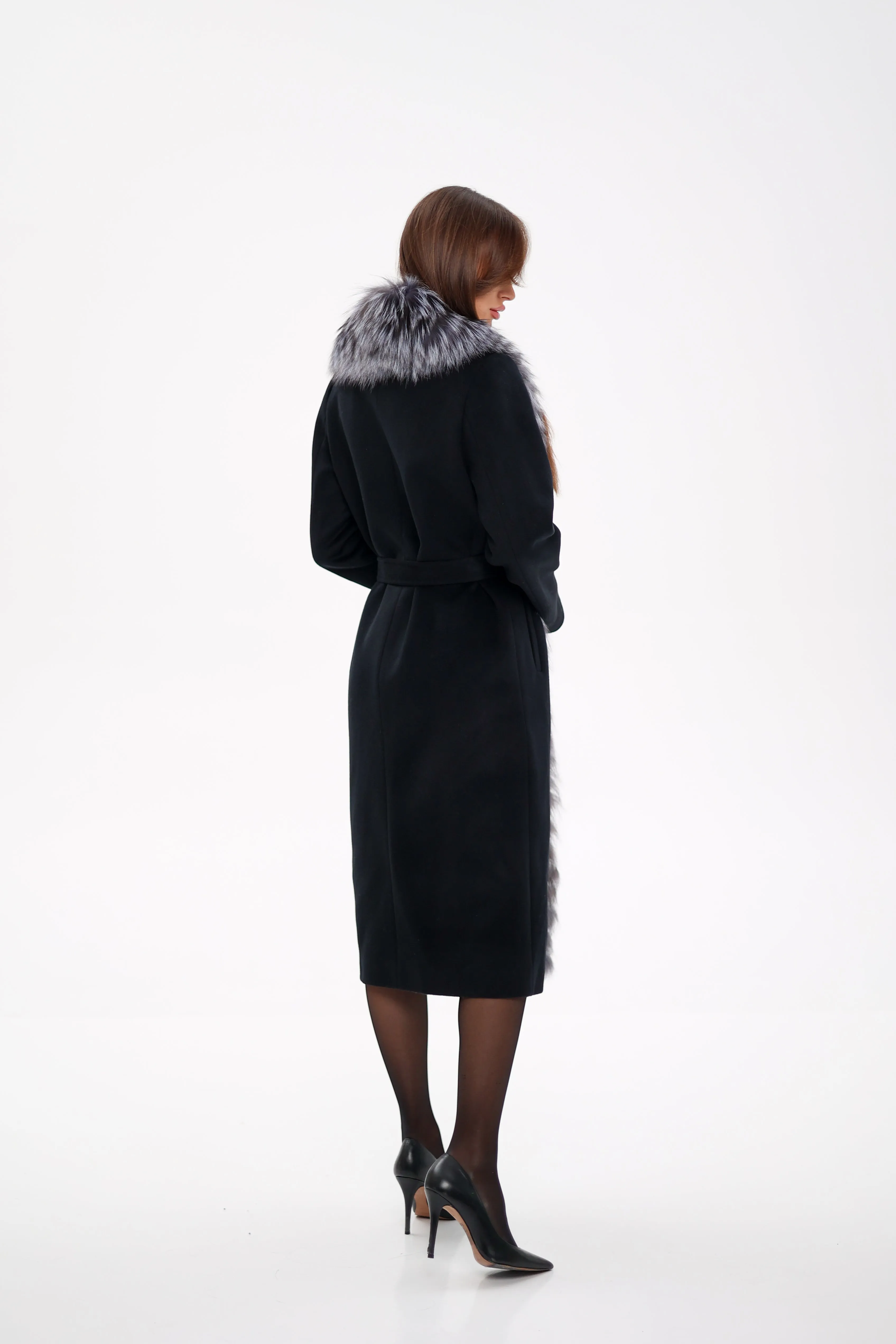 Genuine Silver Fox Virgin Wool Wrap Coat in Black