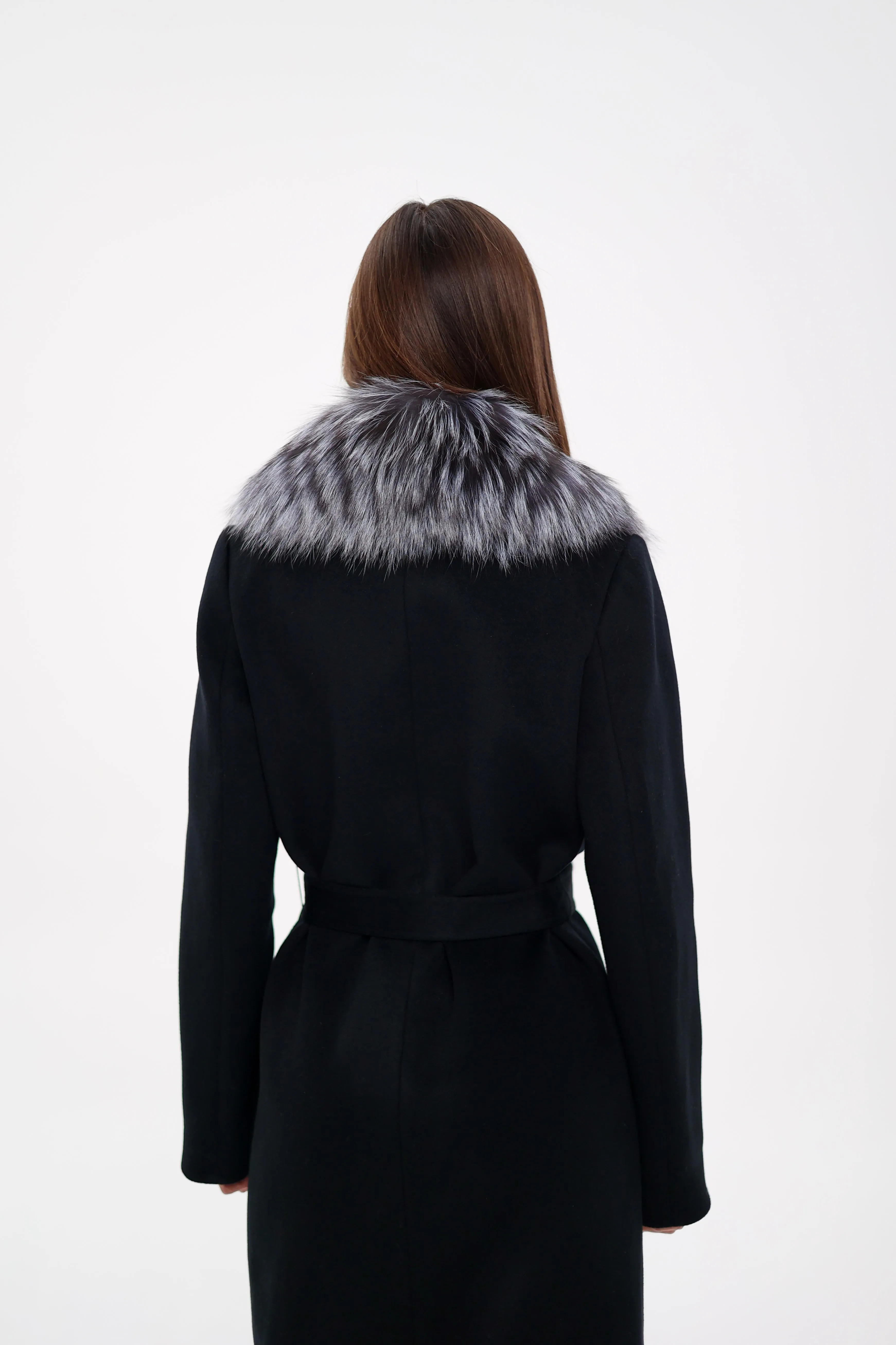 Genuine Silver Fox Virgin Wool Wrap Coat in Black