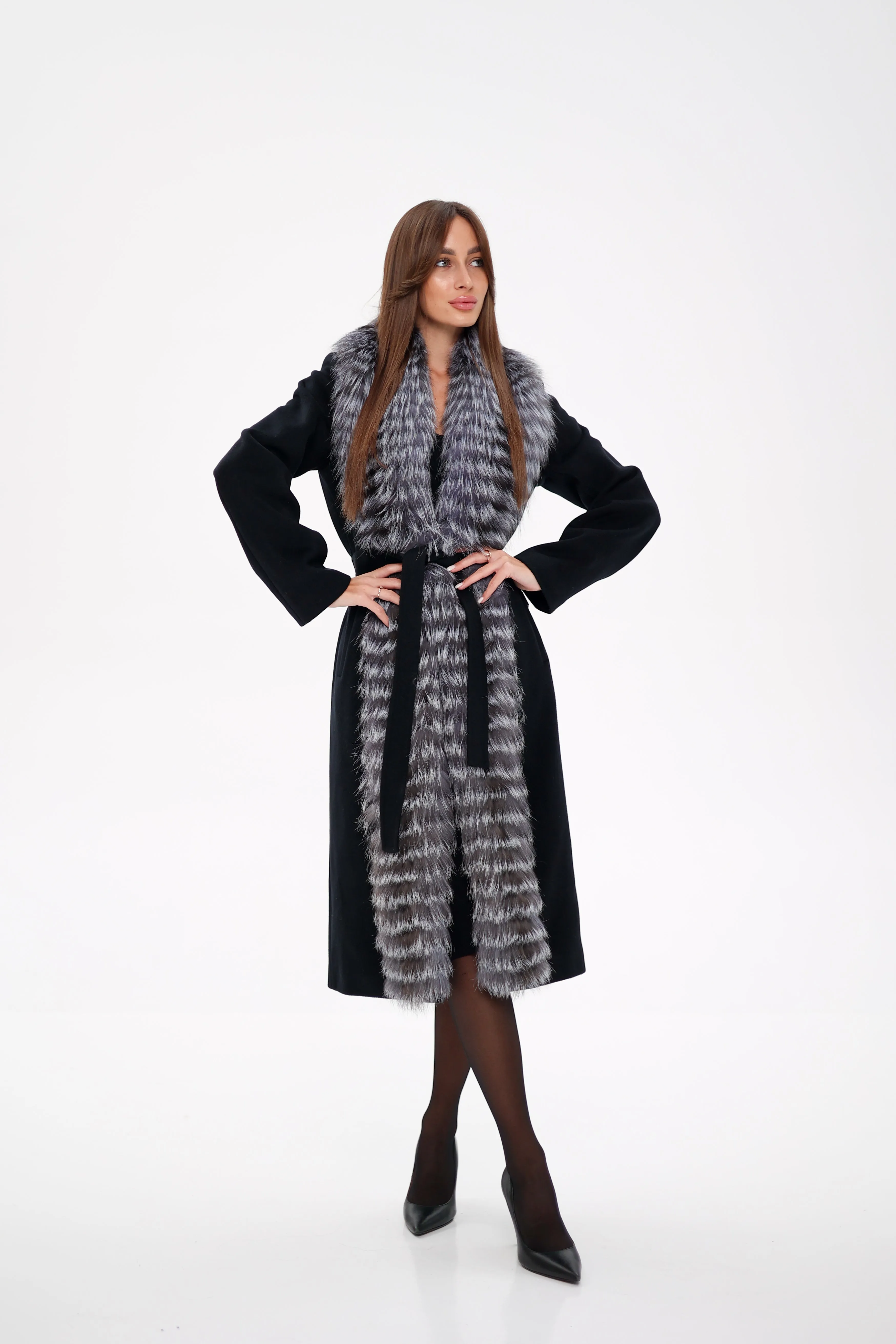 Genuine Silver Fox Virgin Wool Wrap Coat in Black