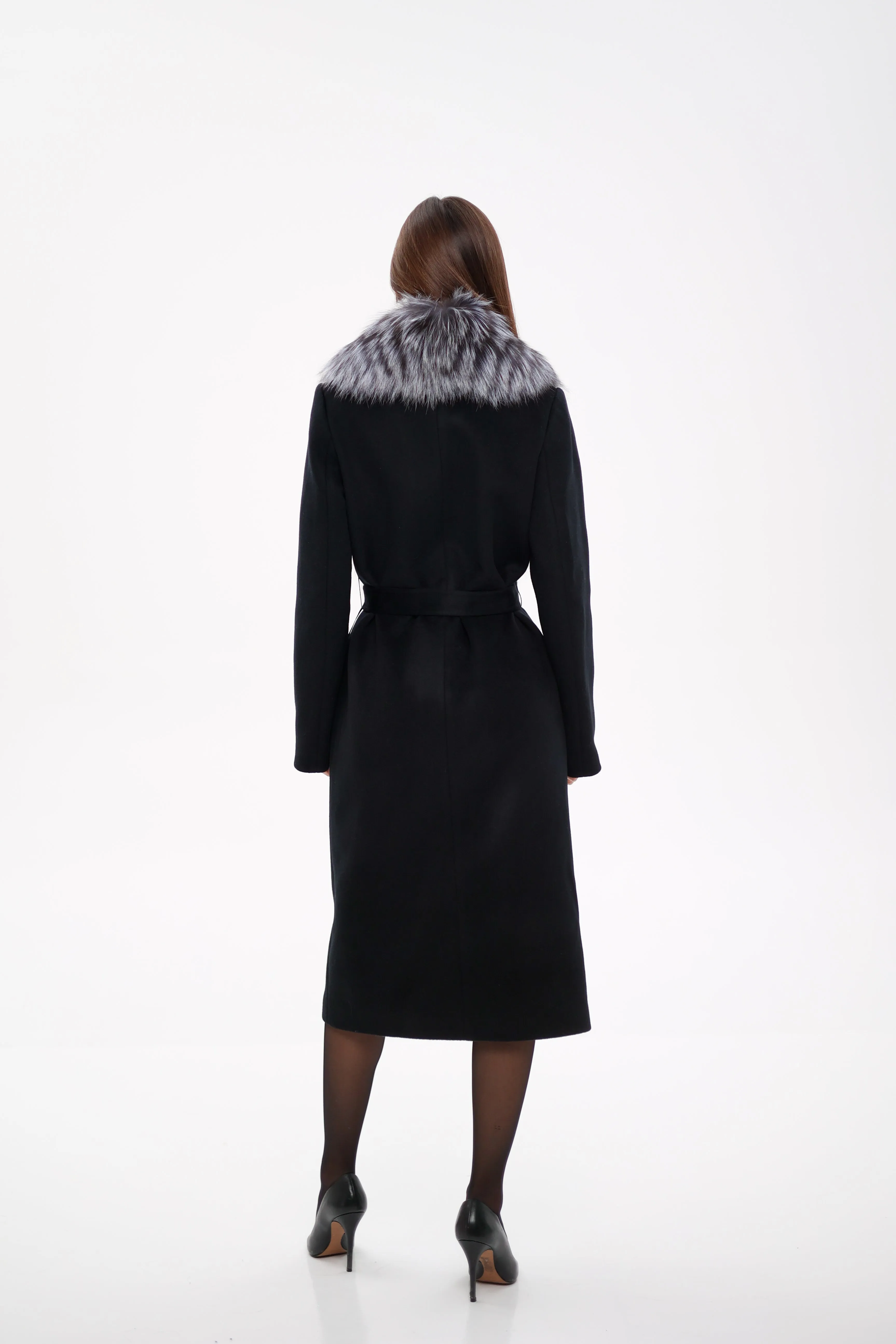 Genuine Silver Fox Virgin Wool Wrap Coat in Black