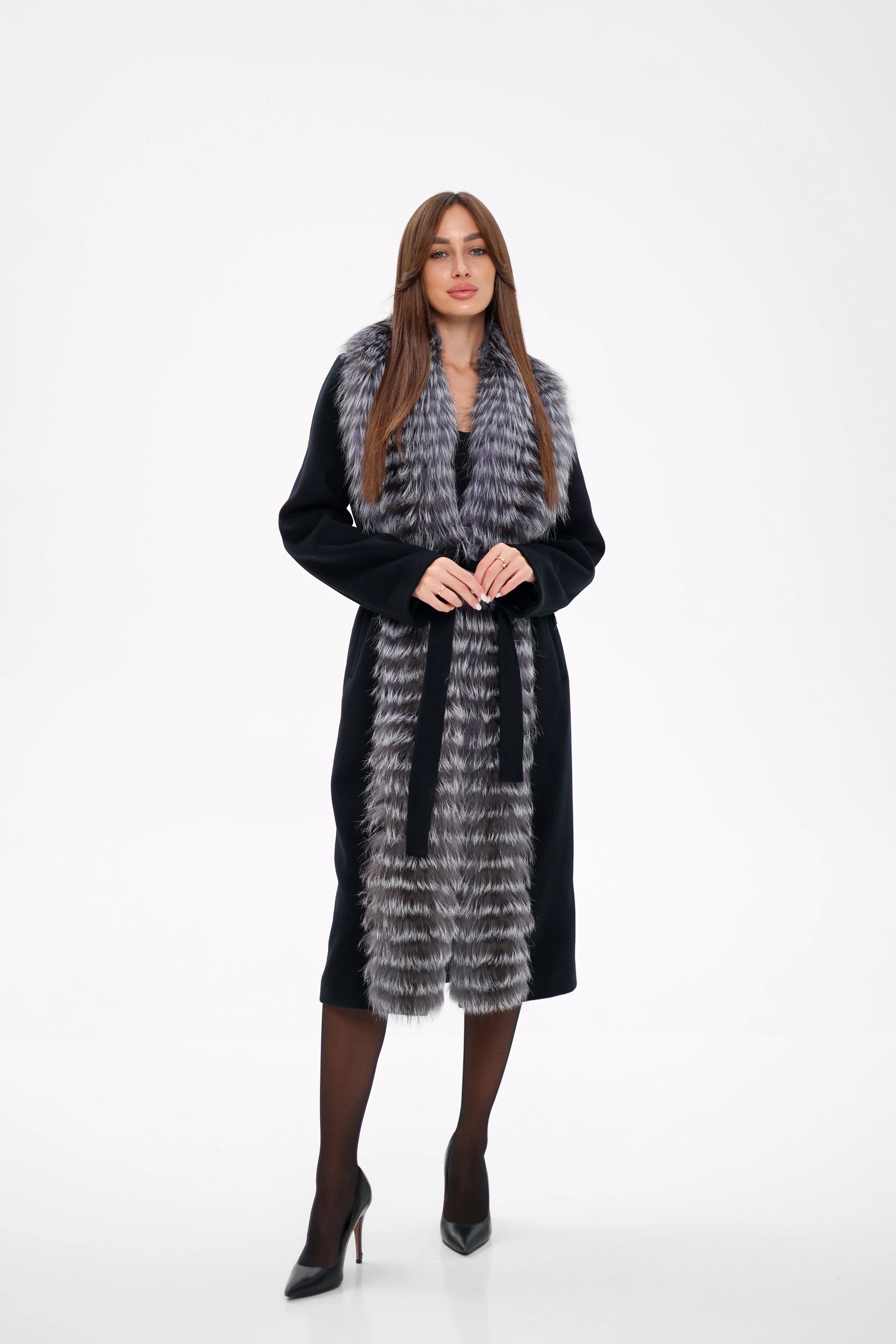 Genuine Silver Fox Virgin Wool Wrap Coat in Black