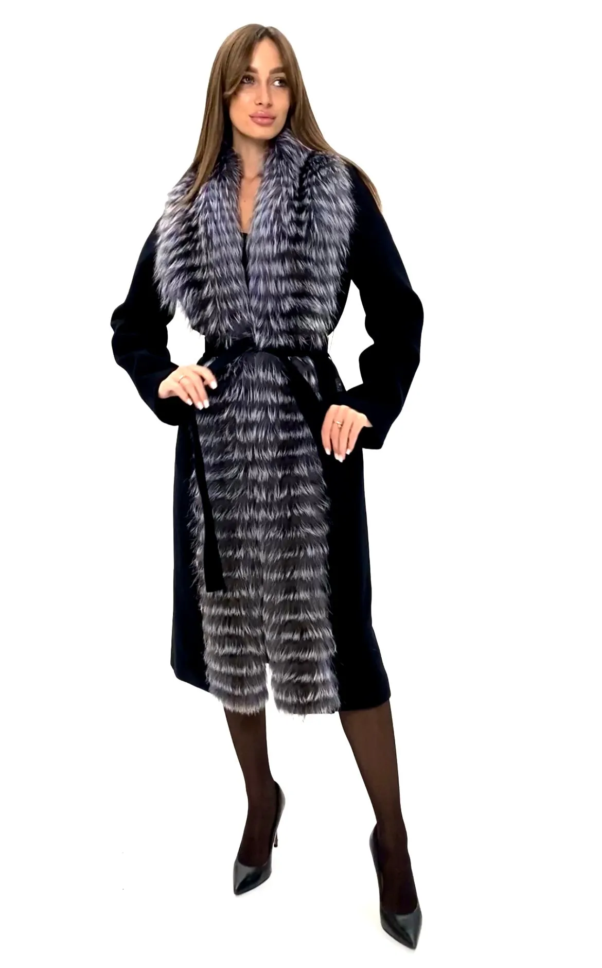 Genuine Silver Fox Virgin Wool Wrap Coat in Black